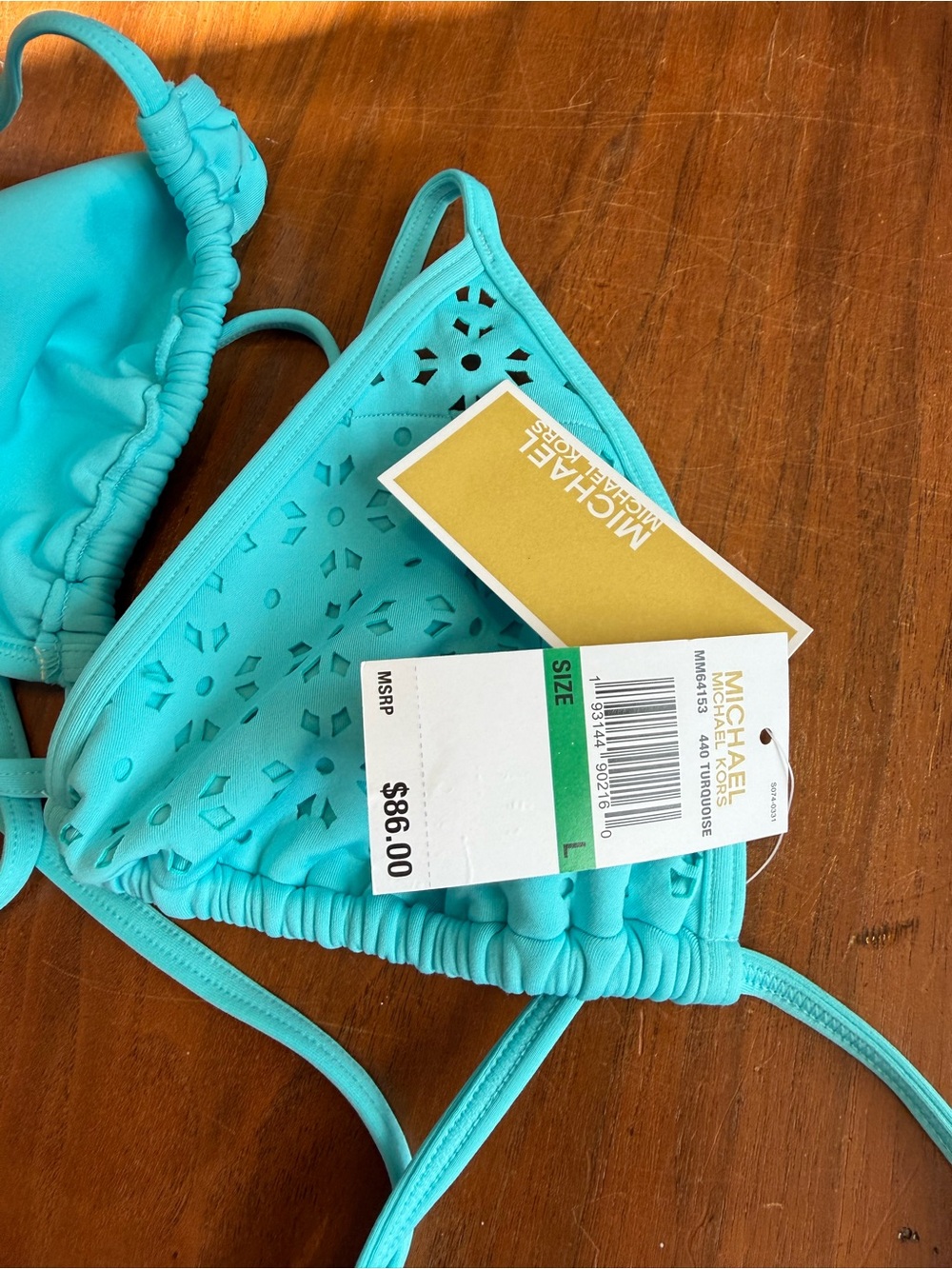 Michael Kors Turquoise Laser-Cut Triangle Bikini Top, size L